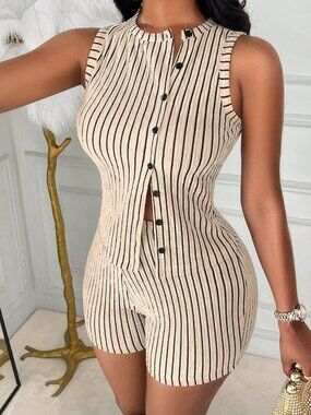 Apricot Casual Women's Striped Sleeveless Fitted Top Shorts 2-Piece Set